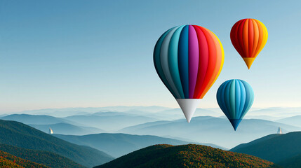Fototapeta premium Location pin icon with hot air balloons over mountains, explore the world travel concept graphic, with copy space