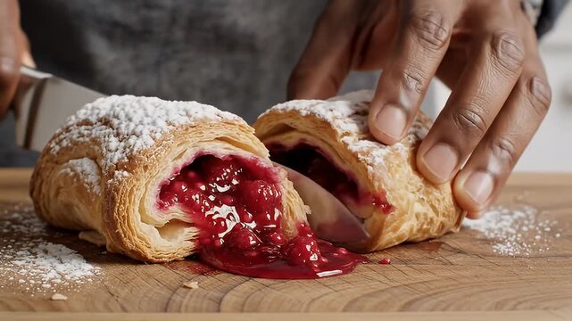 Hand cutting berry filled pastry dusted with powdered sugar