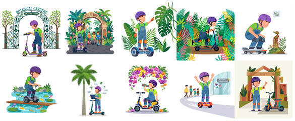 Naklejka premium Vector illustrations of a boy exploring botanical gardens on a scooter, hoverboard, and skateboard, visiting plant conservatories, ponds, and tropical parks.