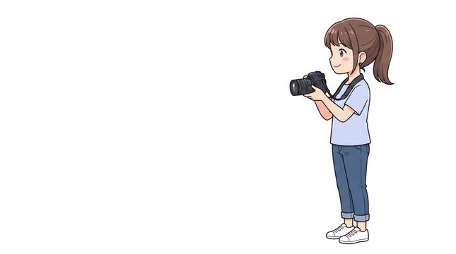 Cute cartoon illustration of young girl taking picture with digital camera isolated on plain white background