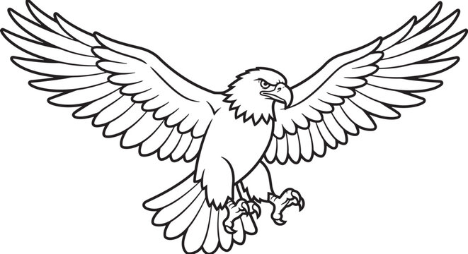 A black and white line of a bald eagle in flight, featuring fully spread wings and sharp talons reaching forward, isolated on a white background