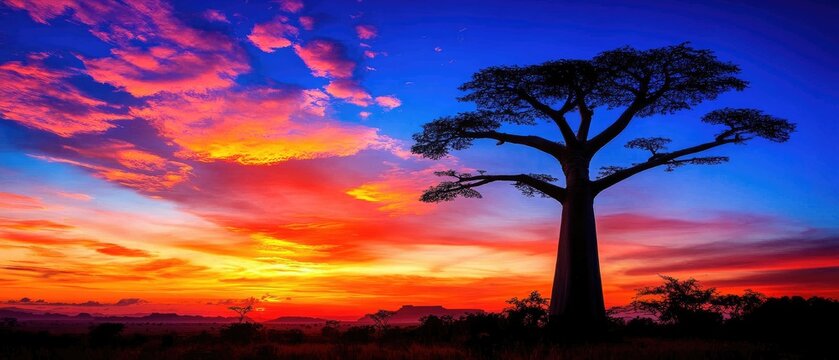 Vibrant sunset over African savanna featuring a majestic baobab tree silhouette in a wide landscape.