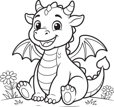 Cute baby dragon with small wings, horns, and a heart-shaped tail tip, sitting in a grassy meadow with simple flowers, black and white line for a children's coloring book page