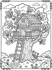 Fototapeta premium Black and white coloring page featuring a detailed treehouse built in a large oak tree with a ladder, window boxes, and acorns
