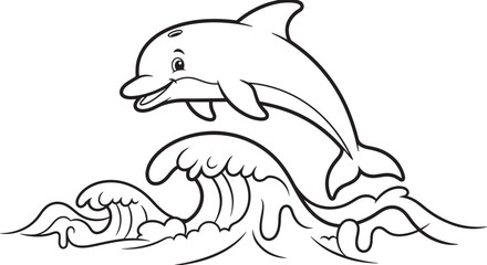 Obraz premium Black and white line of a cheerful dolphin jumping out of ocean waves, isolated on a clean white background, for coloring pages