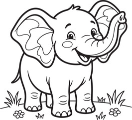 Fototapeta premium Black and white line of a cute baby elephant standing in a grassy field with small flowers, coloring page for children