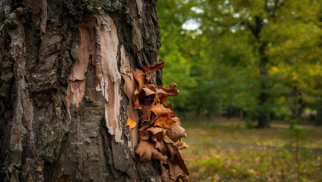Dried leaves cling to the flaking, parched bark.