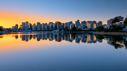 Fototapeta premium Serene cityscape at sunset with calm body of water, tranquil urban travel destination, with copy space