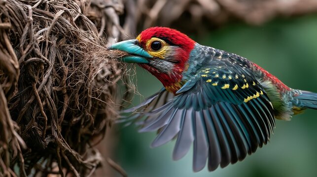 AI generator images of Banded (Javan) Broadbill ( Eurylaimus javanicus) A bird is flying, carrying leaves in its beak to build a nest.