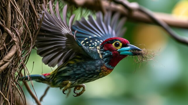 AI generator images of Banded (Javan) Broadbill ( Eurylaimus javanicus) A bird is flying, carrying leaves in its beak to build a nest.