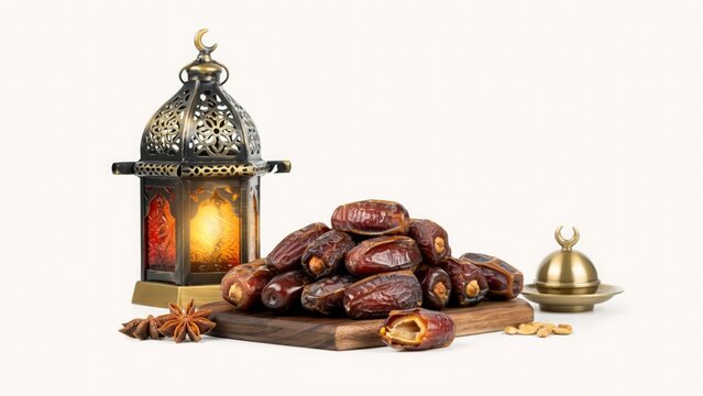 Sweet dried date fruits with a glowing traditional metal lantern