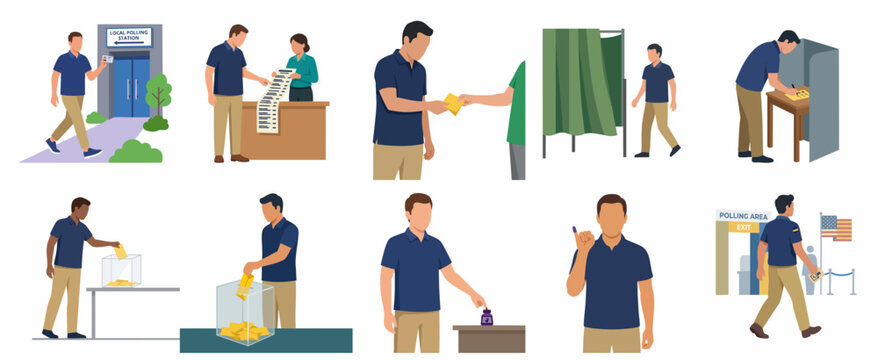 Vector illustration set showing the step-by-step process of voting at a polling station during elections