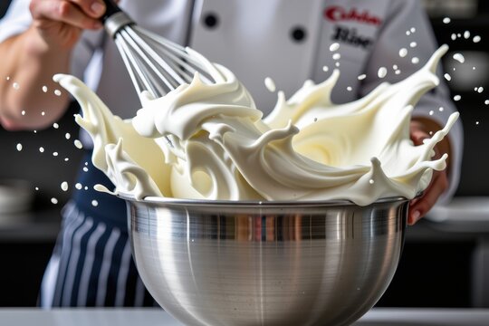 Chef whisks creamy mixture in stainless bowl