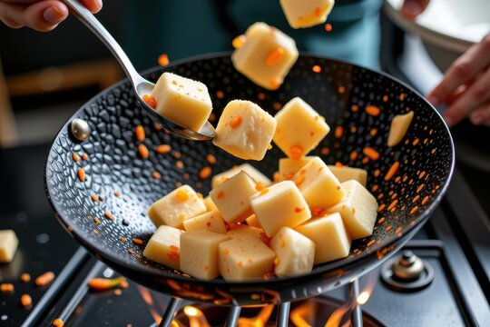 Fried cubes of cheese sizzle in a black wok