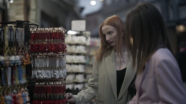 Two young women browse a street stall, looking at various colorful key chains and accessories. Friends enjoy a relaxed shopping trip together in a bustling urban environment.