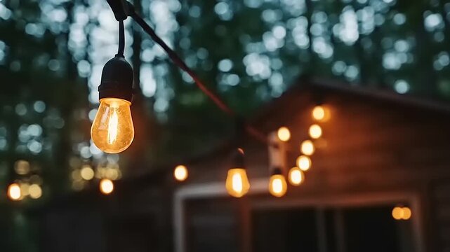 Warm outdoor string lights illuminating a rustic wooden cabin at night.