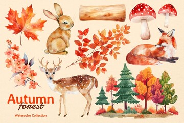 Fototapeta premium Watercolor Autumn design element set