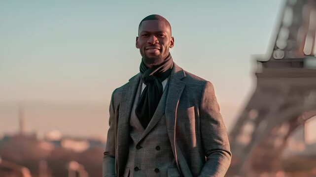 Paris, France, Europe. A portrait of a man standing in front of the Eiffel Tower in Paris, France. He wears a tailored gray suit with a black shirt and a long coat.