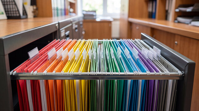 A modern filing system featuring multicolored folders for efficient document management and archiving in an office.