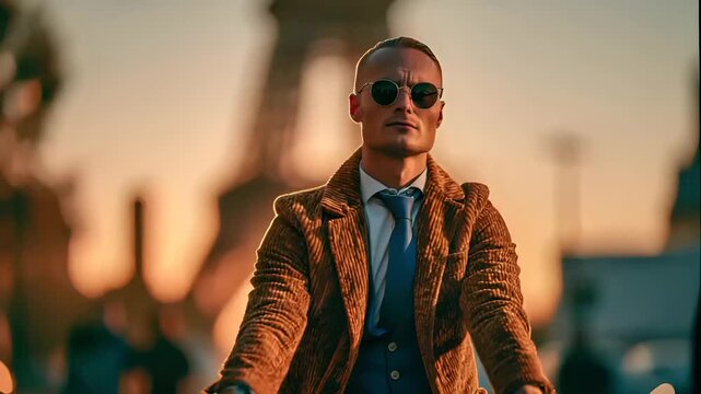 Paris, France, Europe. A vivid portrayal of a man riding a bicycle against the backdrop of the Eiffel Tower at sunset. He wears a textured brown jacket, a crisp white shirt, and a deep blue tie.
