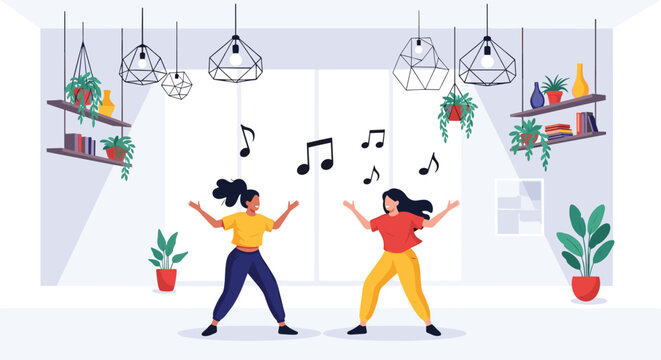Two happy young women actively dancing together in a stylish modern living room decorated with hanging green plants.