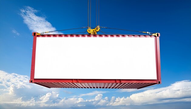 a red shipping container hangs from cranes under a blue sky with clouds showcasing a large blank white rectangular panel