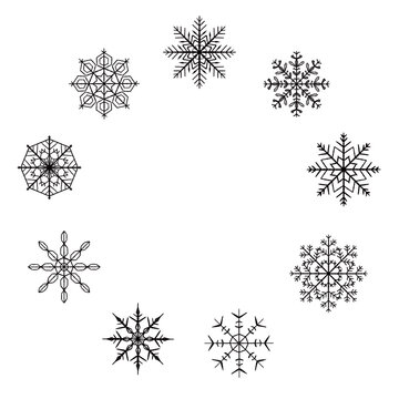 Mixed snowflake monochrome wreath round frame illustration transparent