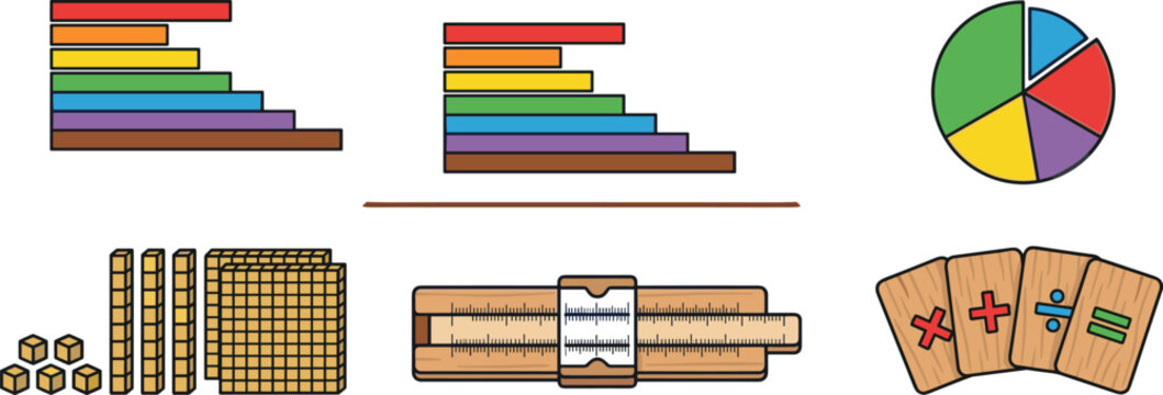 Math education tools collection featuring Cuisenaire rods, pie chart, base ten blocks, slide rule, and arithmetic learning manipulatives flat vector illustration