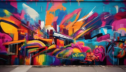 Obraz premium vibrant colors come alive in this street art mural expressing the artists creativity through a mix of text and graffiti full frame generative ai