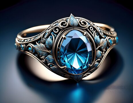 ornate blue gemstone ring with floral accents