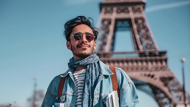 Paris, France, Europe. A portrait of a man standing in front of the Eiffel Tower in Paris, France. He wears a denim jacket, a striped shirt, and a scarf.