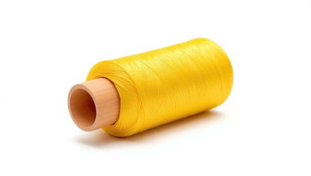 close-up of a yellow sewing thread spool on a white background