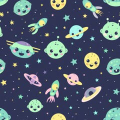 Obraz premium Cute Kawaii Outer Space Seamless Pattern Funny Aliens Planets Rocket Ships and Stars Vector Background