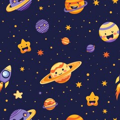 Naklejka premium Kawaii Space Pattern Cute Planets Saturn Wallpaper