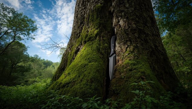dark blade lodged in a gnarled tree