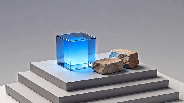 Blue cube light on stone pedestal