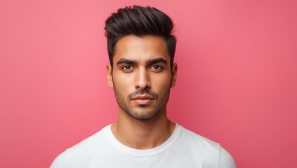 Obraz premium Close-up portrait of a young Indian man in a white t-shirt, gazing seriously at the camera against a pink background.