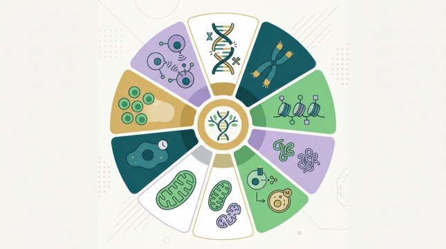 Illustration shows different biological factors related to aging and healthspan. Focus on areas like cells, DNA, and wellness.