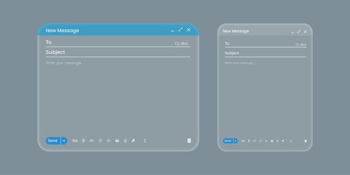 Modern glass morphism email composer UI with responsive new message windows for digital communication.