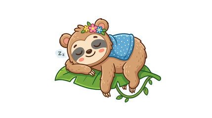 Obraz premium Cute Cartoon Sloth Sleeping on Leaf with Flowers