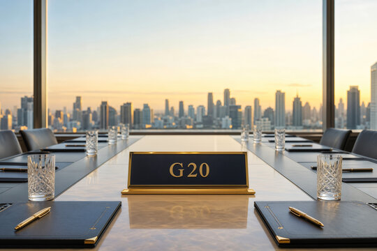 G20 summit conference table with elegant nameplate and leather folders at financial ministers meeting Bangkok style international economic summit governance