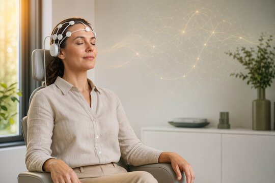 Calm professional woman receiving neurofeedback therapy with sleek EEG headset for corporate burnout recovery PTSD treatment and cognitive rehabilitation in clinical setting
