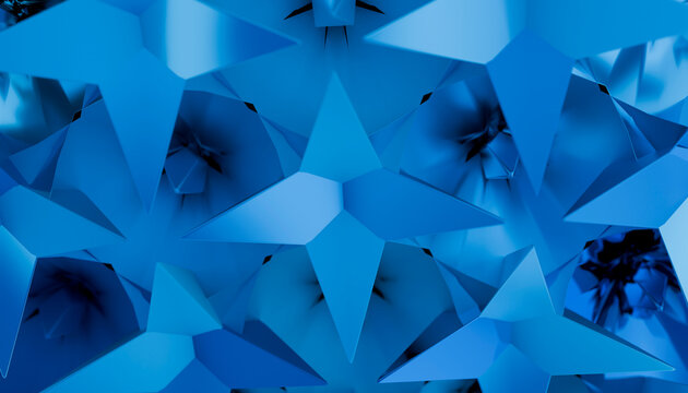 Abstract 3d render of blue geometric star shapes creating pattern