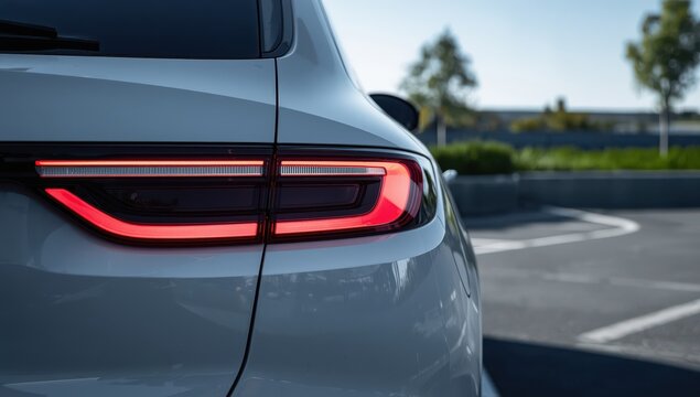 Detailed view of contemporary car LED rear light on stationary vehicle in parking area.