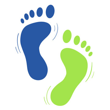 Colorful human footprints icon with blue and green foot shapes, minimalist walking symbol isolated on white background for wellness, fitness, healthcare, and educational concepts.