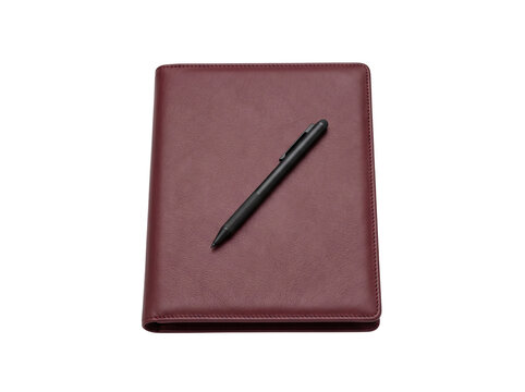 Isolated burgundy leather presentation folder notebook with a black digital stylus pen resting diagonally on top for business use