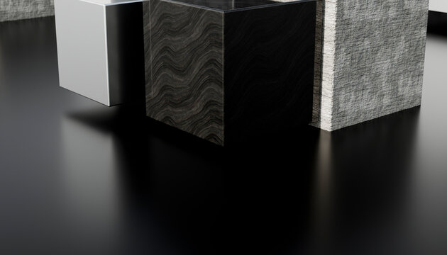 3d rendering of abstract geometric cubes with varied textures on black