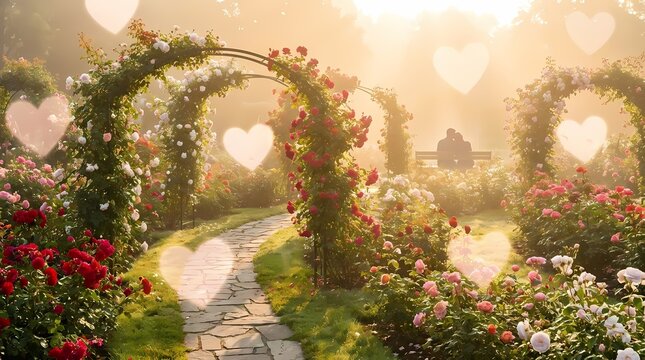 Stone garden path through rose arches with heart bokeh.