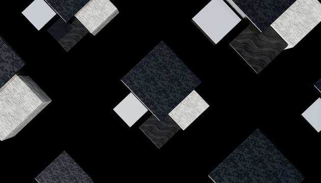 Digital rendering of floating geometric blocks with textured surfaces