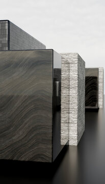 Abstract 3d rendering of black and gray textured cubes on a black
